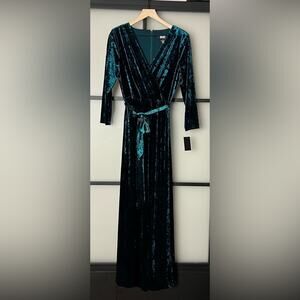 DKNY Womens Green Crushed Velvet Tie-belt Lined 3/4 Sleeve Formal Gown Dress 12